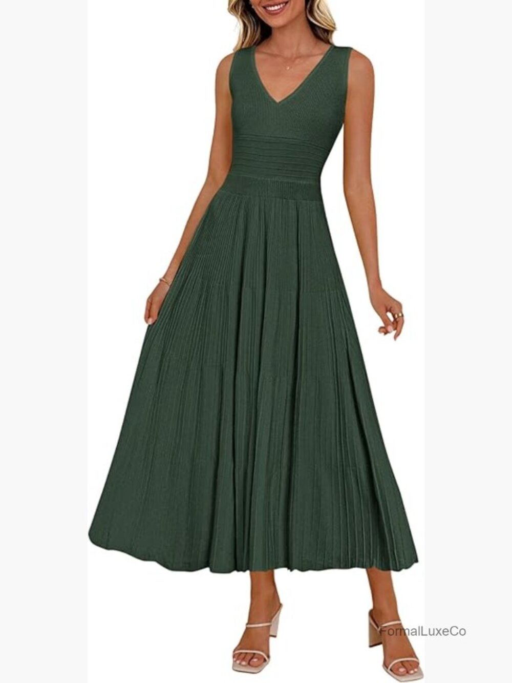 Women's Sleeveless V Neck Midi A-Line Dress Pleated Casual Work Cocktail